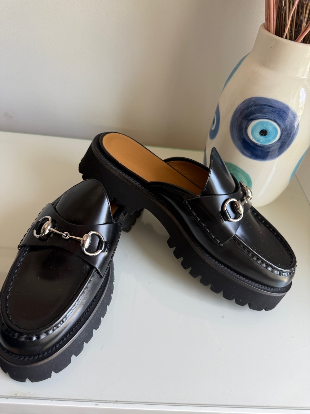 Gucci Black Leather Lug-Sole Horsebit Mules